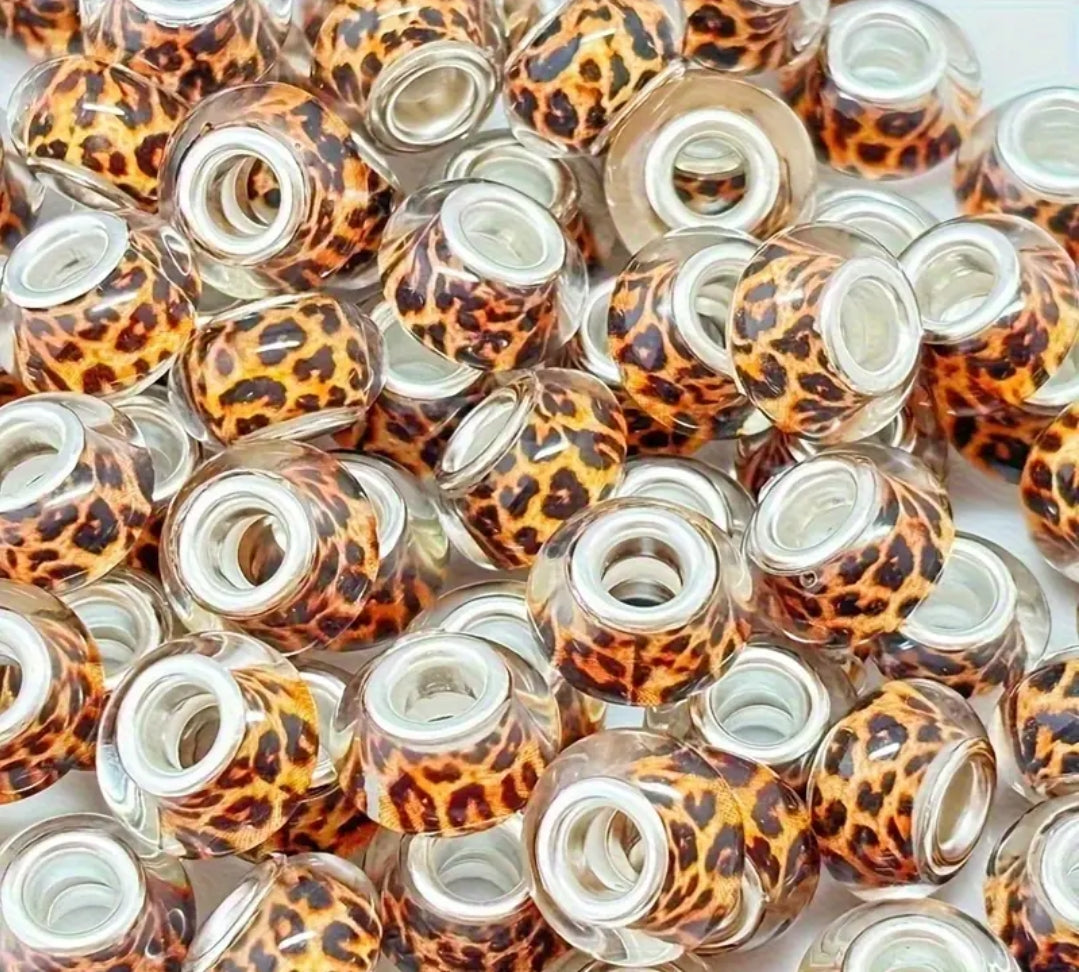 Perline trasparenti con stampa leopardata rotonde 14x5 mm