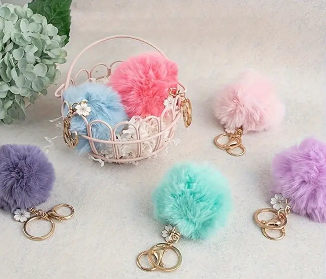Portachiavi Pon pon pelliccia 8 cm con applicazione fiorellino